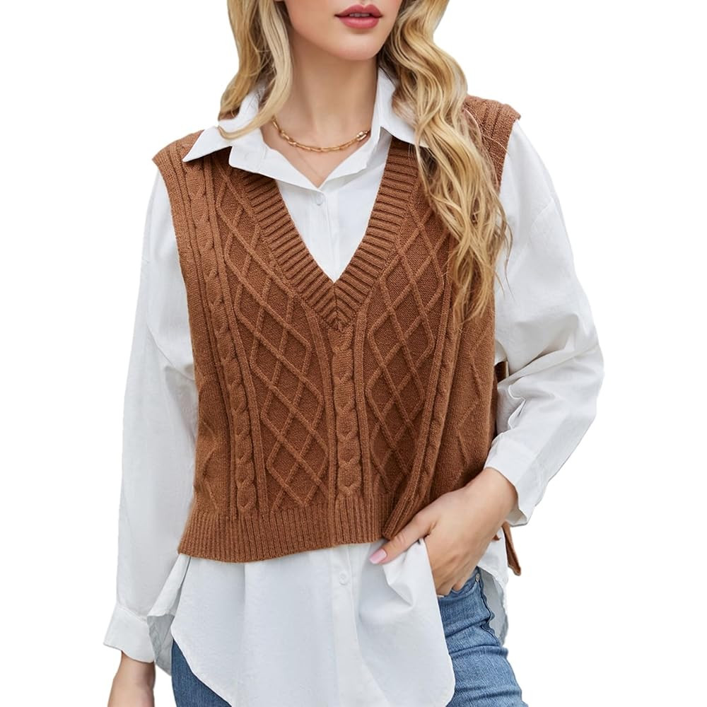 Blostirno Women's Sweater Vest V Neck Sleeveless Casual Ribbed Cable Cropped Pullover Vests Argyl... | Amazon (US)