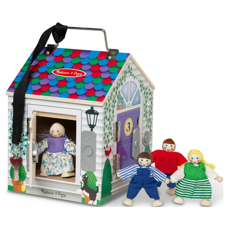 Melissa & Doug Take-Along Wooden Doorbell Dollhouse - Doorbell Sounds, Keys, 4 Poseable Wooden Do... | Walmart (US)