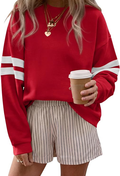 BTFBM Womens Oversized Sweatshirt Varsity Striped Tops | Casual Long Sleeve Crewneck Drop Shoulde... | Amazon (US)