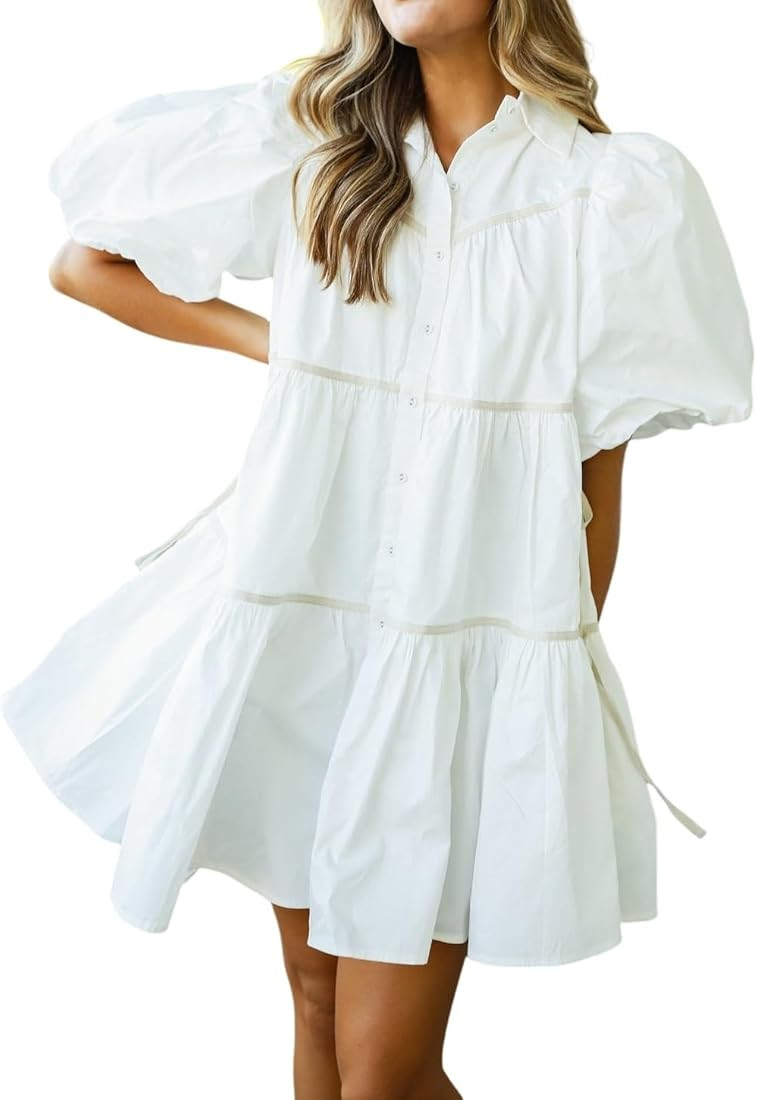 Women's Chic Puff Sleeve Oversized Mini Shirt Dress with Pockets | Amazon (US)