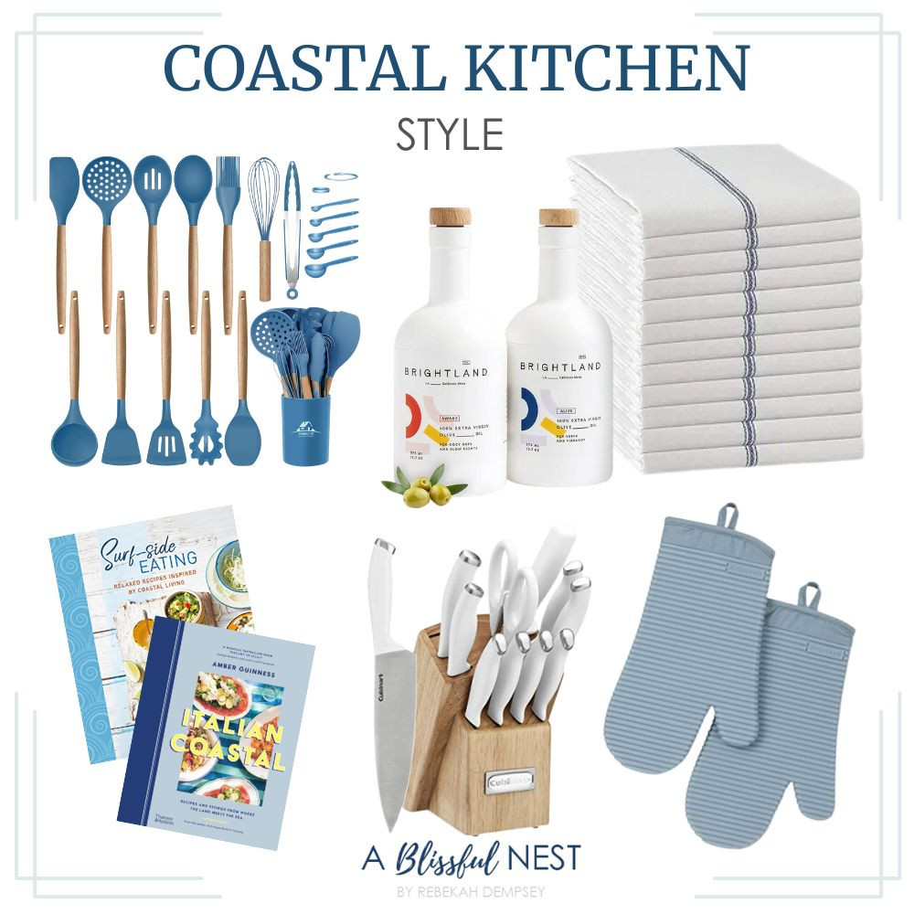 From blue utensils to classic white linens, these pieces make your kitchen feel calm and collected. Shop everything here.
Blue silicone kitchen utensil set, olive oil duo set, white kitchen towels with blue stripes, cookbooks, Cusinart white knife block set, and KitchenAid blue quilted oven mitts 

 #LTKHome