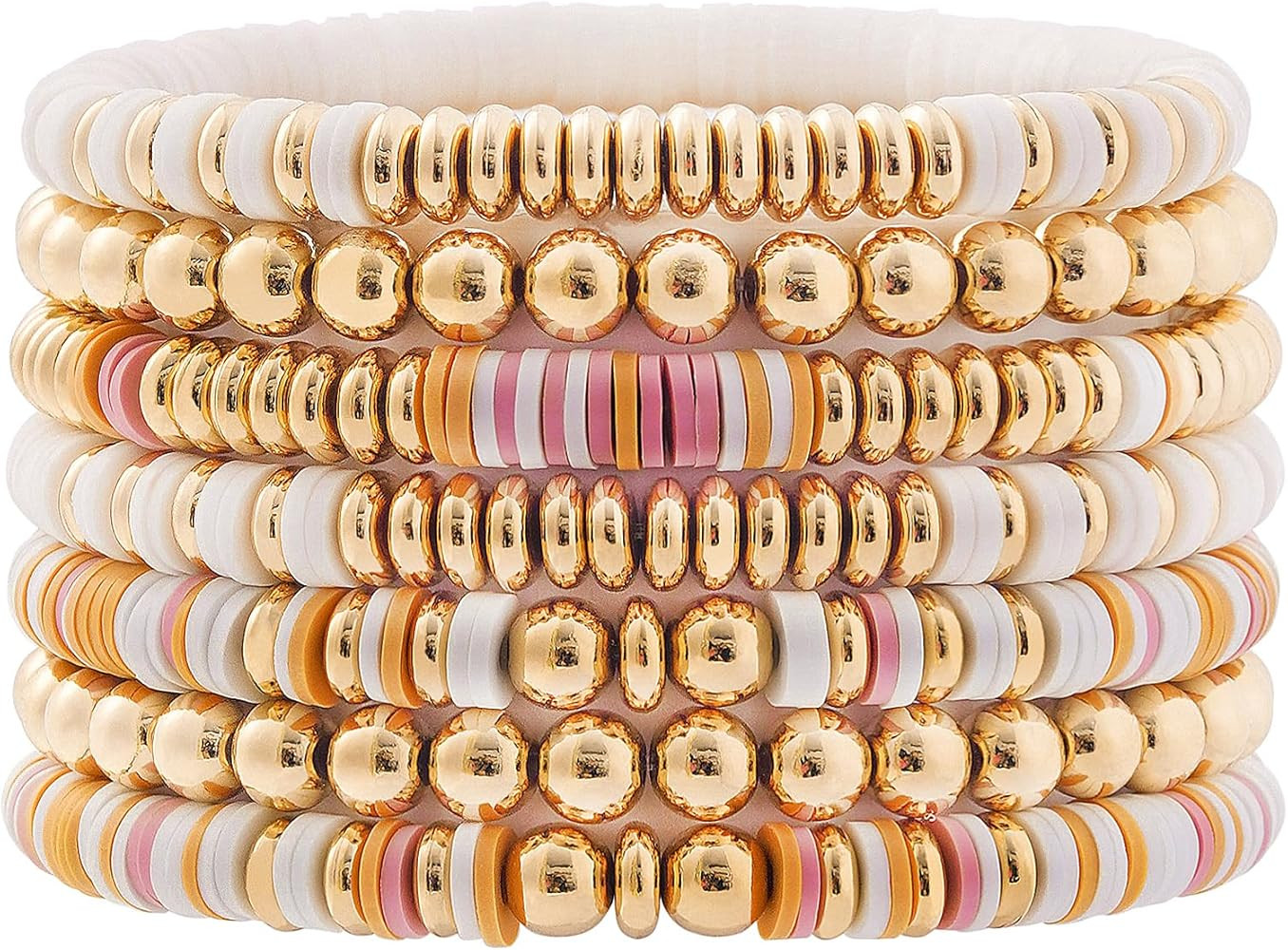 GOOJIDS Surfer Heishi Clay Bead Bracelets for Women Bohemian Stackable Gold Plated Beaded Stretch... | Amazon (US)