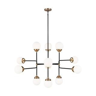 Sea Gull Lighting Cafe 12-Light Satin Brass Industrial Hanging Chandelier with Etched/White Insid... | The Home Depot