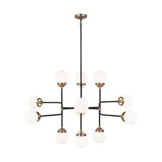 Sea Gull Lighting Cafe 12-Light Satin Brass Industrial Hanging Chandelier with Etched/White Insid... | The Home Depot