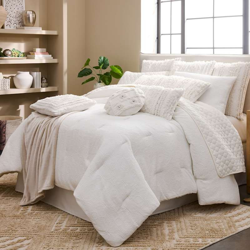 3-Piece White Cotton Arabesque Jacquard Comforter Set, Full/Queen | At Home