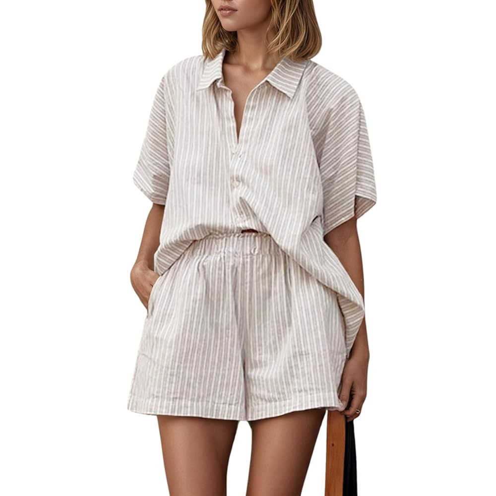 Women Striped 2 Piece Set Oversized Half Sleeves Button Down Shirt and Drawstring Shorts Summer V... | Amazon (US)