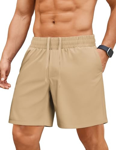 PINSPARK Men's Gym Workout Shorts - 7" Quick Dry Running Athletic Shorts with Towel Loop and Zipper Pockets Khaki M | Amazon (US)
