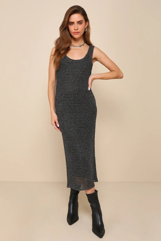 City Babe Black and Silver Lurex Crochet Sleeveless Midi Dress | Lulus