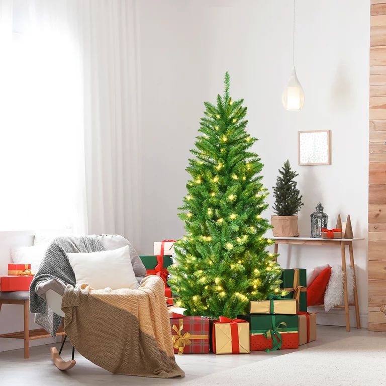Gymax 5 ft Pre-lit Pencil Christmas Tree Hinged Fir Tree Holiday Decor w/ LED Lights | Walmart (US)