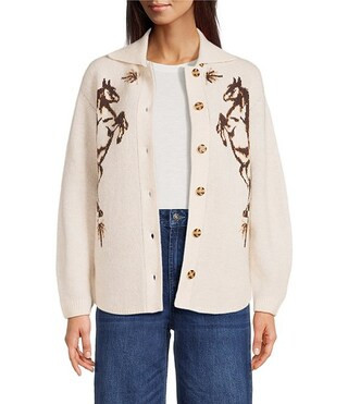 Knit Jacquard Horse Point Collar Long Sleeve Cardigan | Dillard's