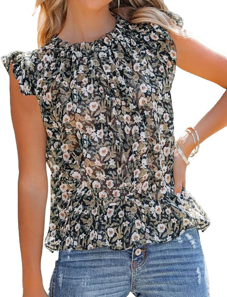 Allimy Women Summer Ruffle Trim Neckline Tank Tops Double Lined Chiffon Blouses | Amazon (US)