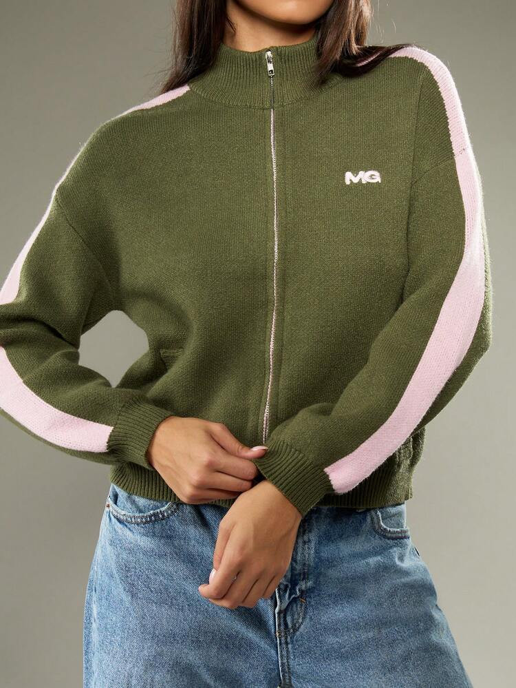 MISSGUIDED Women Zip Up Cardigan Track Jacket Retro Stripe Sleeve Knit Fall Winter Fashion Casual Y2K Sweater With Sporty MG Logo Embroidery | SHEIN
