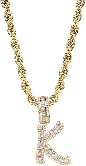 GUCY Baguette Initial Letter Necklace Women/Men Iced Out Initial Letter Pendant Necklace with 24"... | Amazon (US)