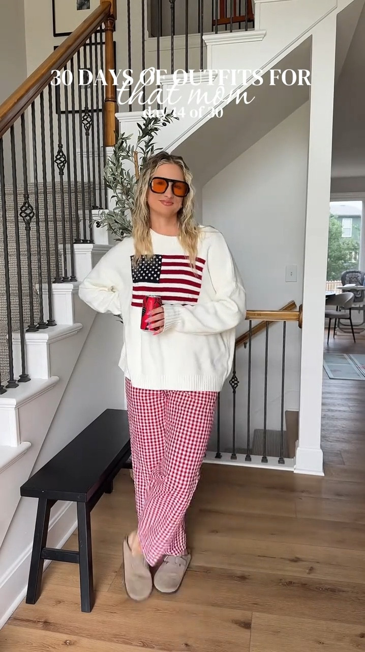 American flag sweater // gingham pants // red white and blue // memorial weekend outfit // Fourth of July style // mom fashion 