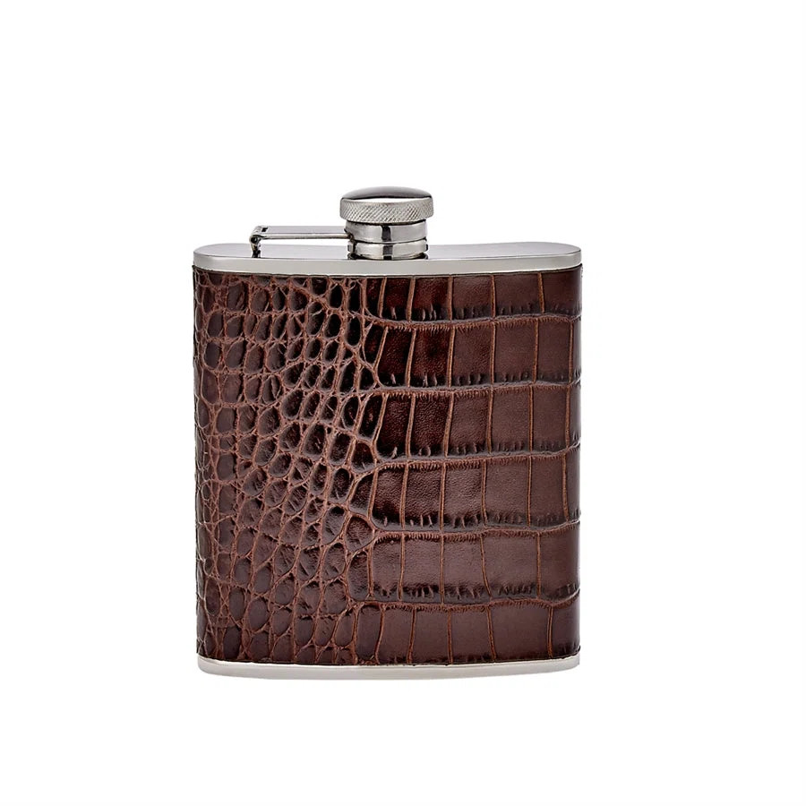 Graphic Image 6 oz Leather Wrapped Flask, Brown Embossed Croc Leather | Perigold