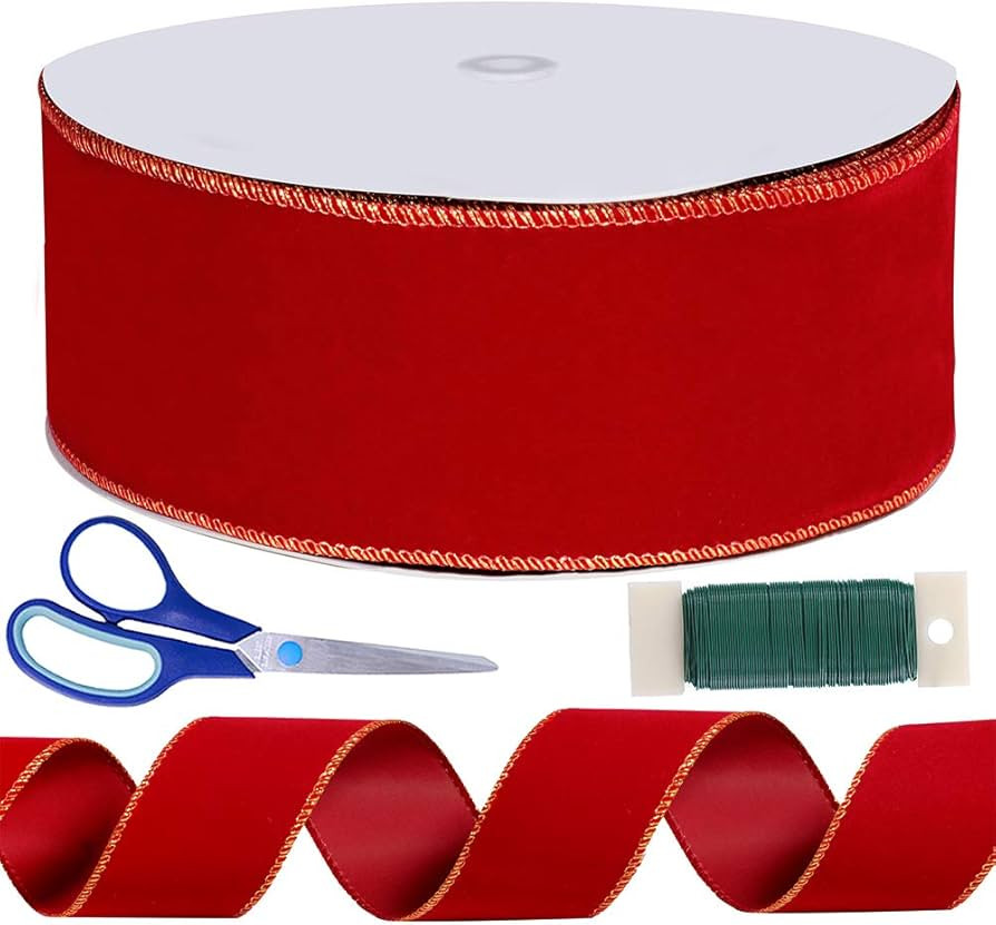 Winlyn 50 Yards Christmas Red Velvet Gold Edge Wired Ribbon 2-1/2" Wide Large Xmas Ribbon Trim Gi... | Amazon (US)