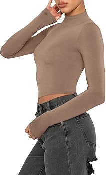 REORIA Women's Basic Cute Mock Turtleneck Long Sleeve Ribbed Tight Tshirts Crop Tops | Amazon (US)