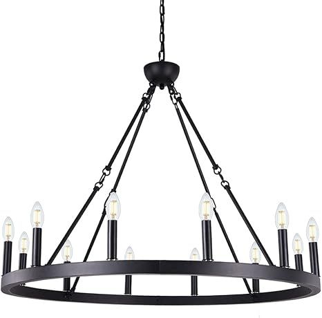 Wellmet 12-Light Black Wagon Wheel Chandelier Diam 38 inch, Farmhouse Industrial Country Style La... | Amazon (US)