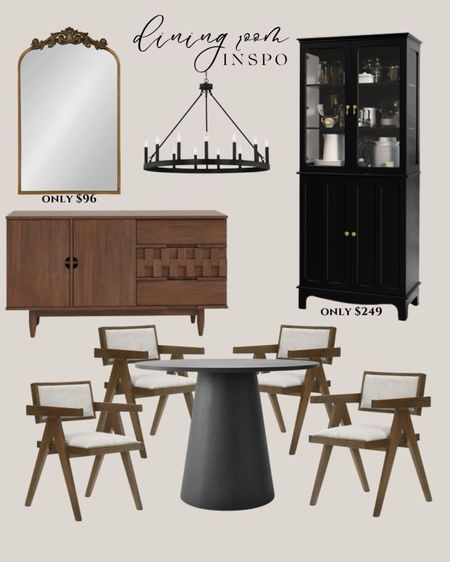 Wayfair dining room inspo:
Black round dining table modern. Dark wood dining chairs. dark wood cabinet. Gold framed mirror. Black chandelier traditional. Black cabinet tall.

#LTKsalealert #LTKhome