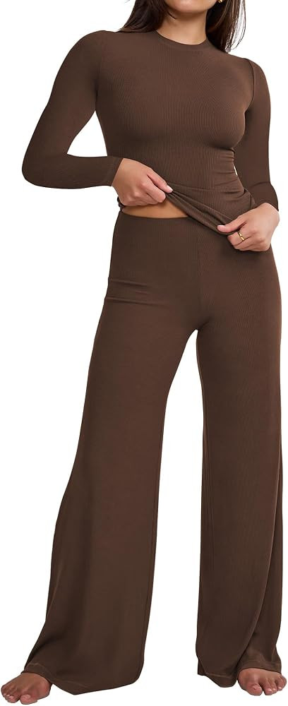 AIBIANOCEL Women 2 Piece Outfits Ribbed Sweatsuit Set Long Sleeve Tops with Wide Leg Pant Lounge ... | Amazon (US)