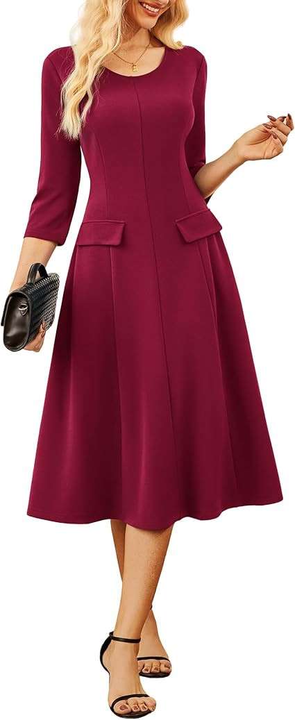 GRACE KARIN 2025 Wear to Work Dress for Women A Line Midi Fit 3/4 Sleeve Church Round Neck Busine... | Amazon (US)