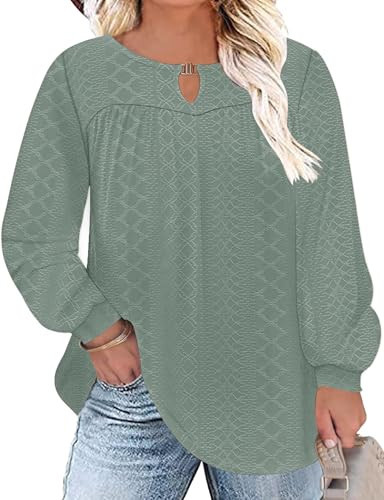 TFSDOD Plus Size Long Sleeve Tops for Women 3X Casual Pleated Front Tunics V Neck Keyhole Blouse Green 3XL | Amazon (US)