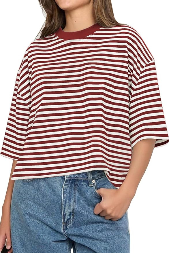 CHYRII Womens Oversized Striped T Shirts Short Sleeve Fashion 2026 Casual Crewneck Summer Y2K Clo... | Amazon (US)