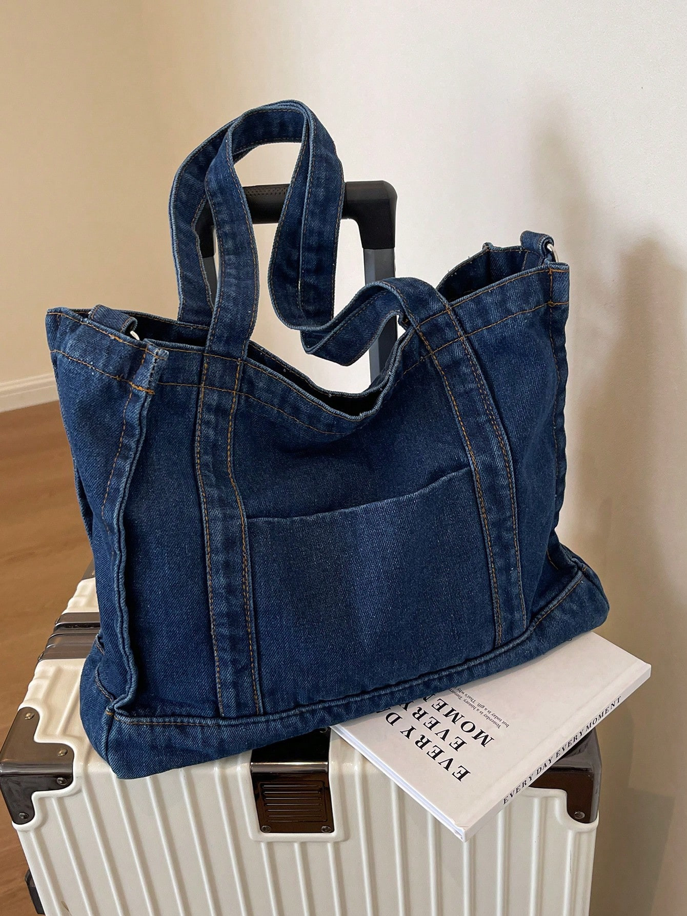 Solid Color Denim Portable Zipper-closed Stylish Tote Bag Suitable For Women's Daily Use | SHEIN