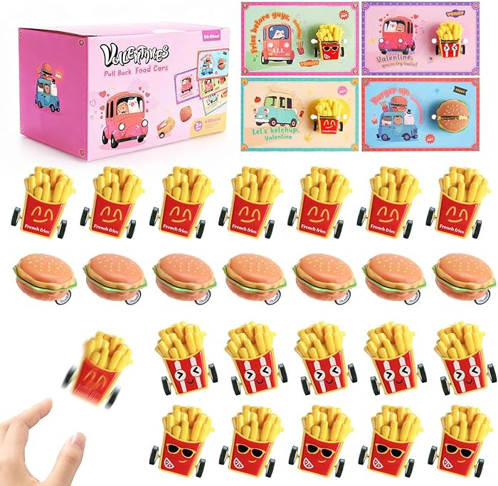 28 Pcs Valentine’s Day Pull-Back Burger&Fries Cars and Cards, Valentines Day Gifts for Kids, Cu... | Amazon (US)