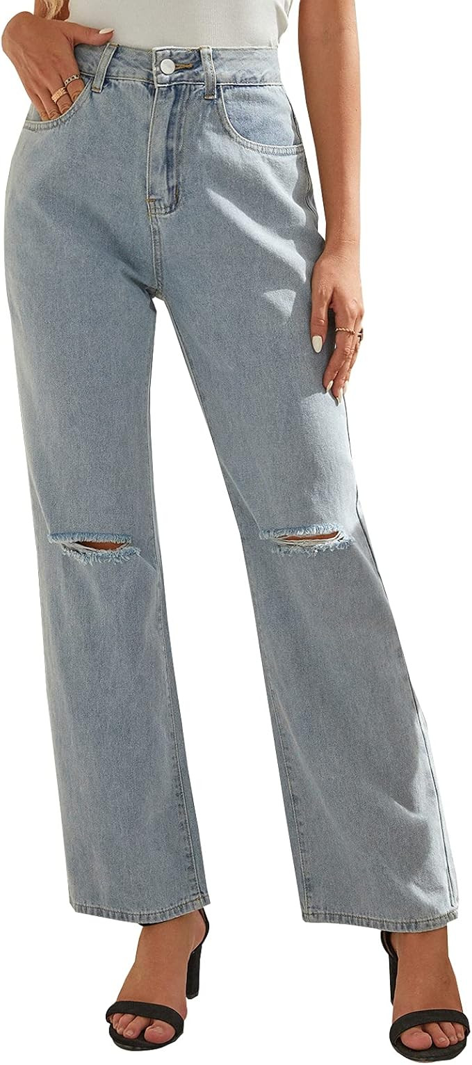 LONGBIDA Baggy Jeans for Women High Waisted Stretch Wide Leg Straight Denim Jeans | Amazon (US)