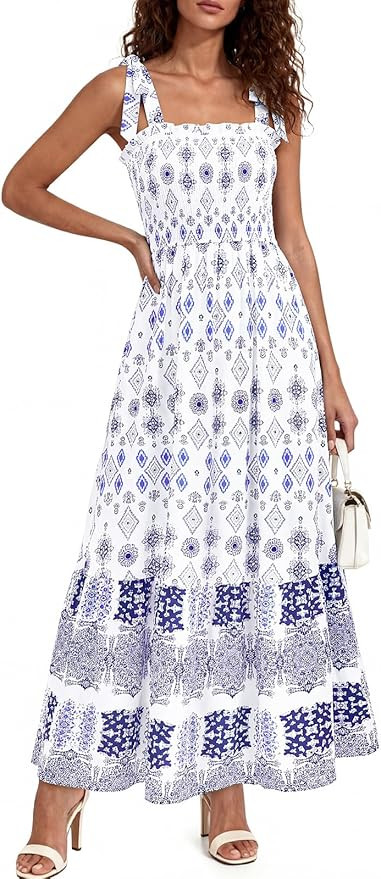 PRETTYGARDEN Women's 2026 Summer Maxi Dress Tie Straps Floral Beach Vacation Long Dresses Smocked... | Amazon (US)