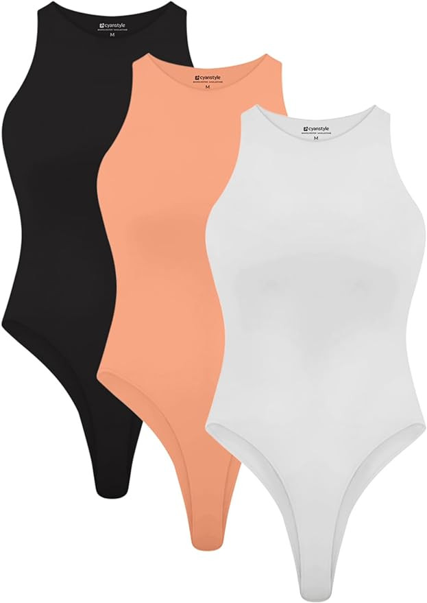 Cyanstyle Womens 3 Piece Bodysuits Sexy Sleeveless Racer Back High Neck Double Lined Bodysuit Tan... | Amazon (US)