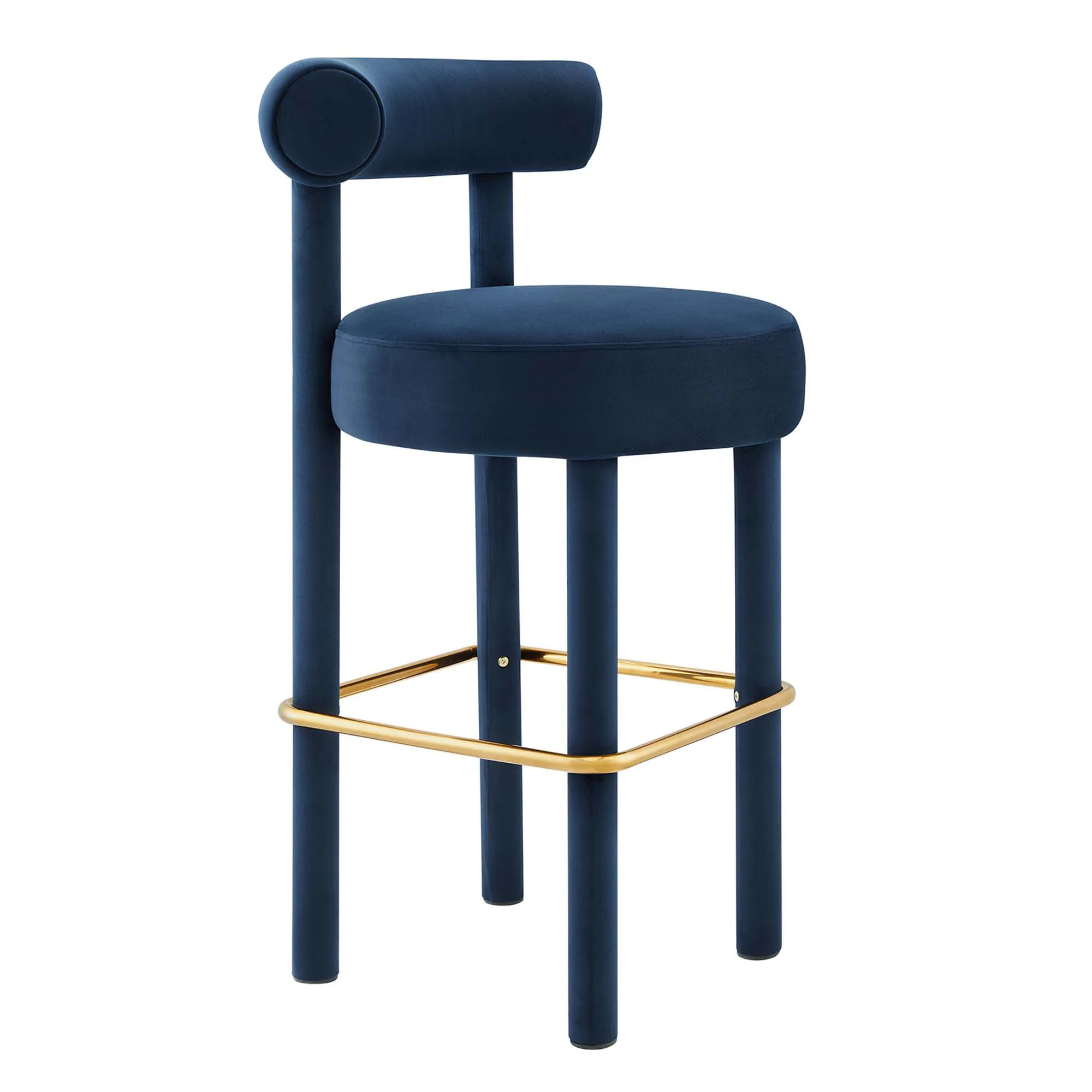 Midnight blue performance velvet bar stool with bolster back and gold footrest