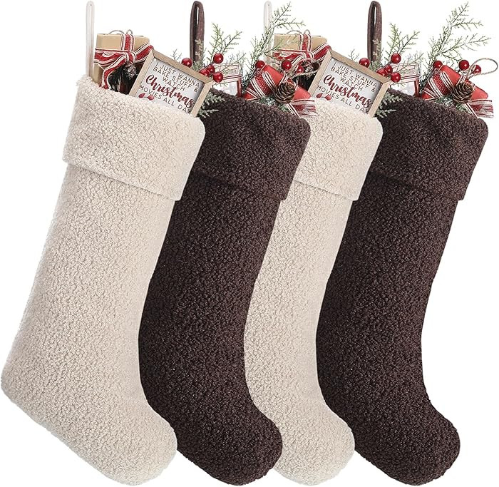 Neutral Christmas Stockings 4 Pcs 18 Inch Large Plush Beige Brown Stocking Faux Lambswool Xmas Ha... | Amazon (US)