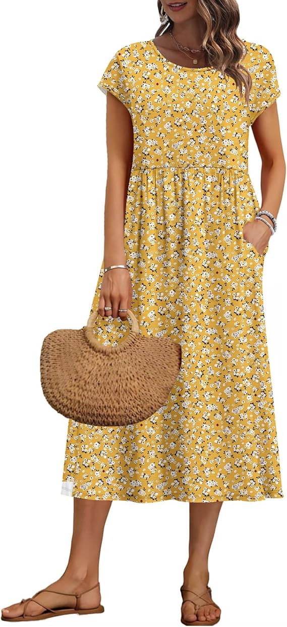 AUSELILY Women's Summer Short Sleeve Midi Dresses Round Neck Loose Dress with Pockets 2026 New | Amazon (US)