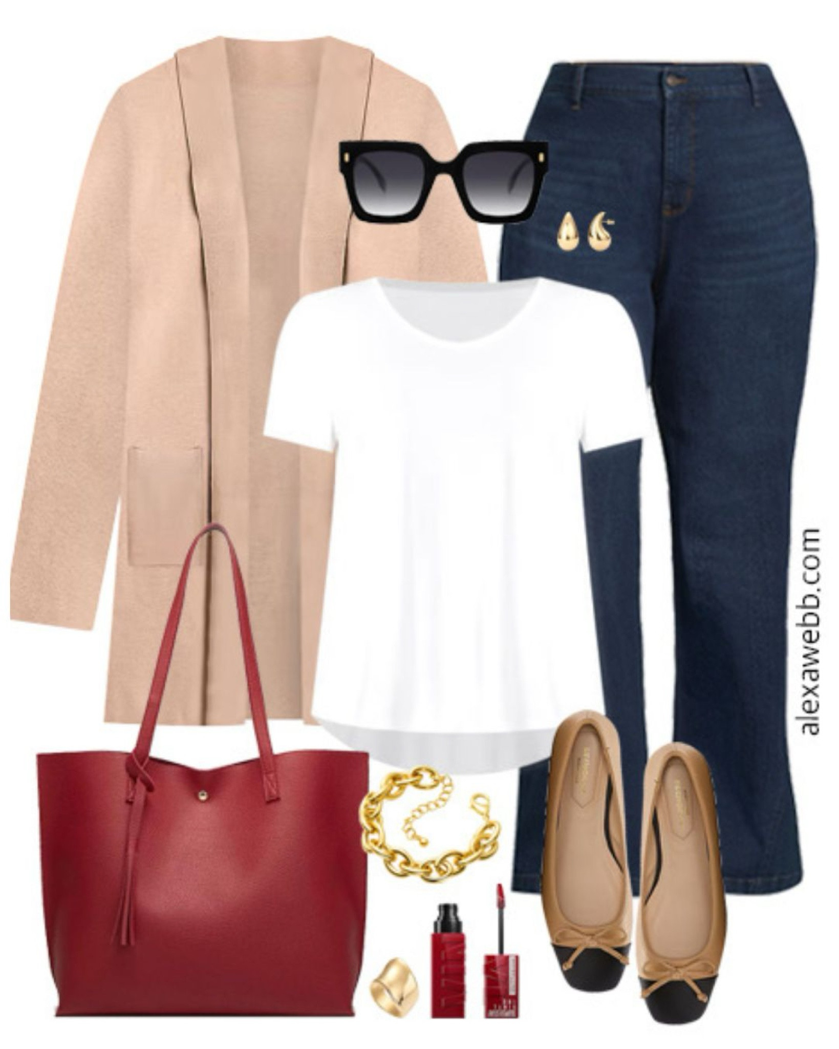 Plus Size Teacher Outfits 2024 - Part 1 - A plus size business casual outfit for teachers heading back to school this fall. A plus size camel cardigan, t-shirt, trouser jeans, cap toe flats, and a red tote bag. Alexa Webb

#LTKPlusSize #LTKShoeCrush #LTKStyleTip
