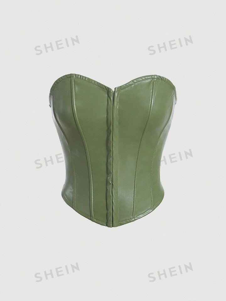 SHEIN x Marika Sila SHEIN MOD Solid PU Leather Tube Green Hook-Front Mid-Waist Shaping Top | SHEIN