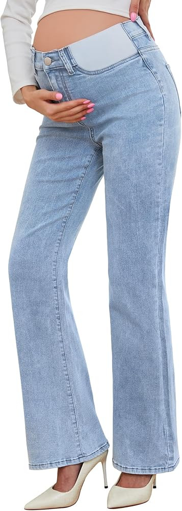 PACBREEZE Women's Maternity Flare Jeans Mid-Rise Stretchy Bell Bootcut Jeans Denim Pregnancy Pant... | Amazon (US)