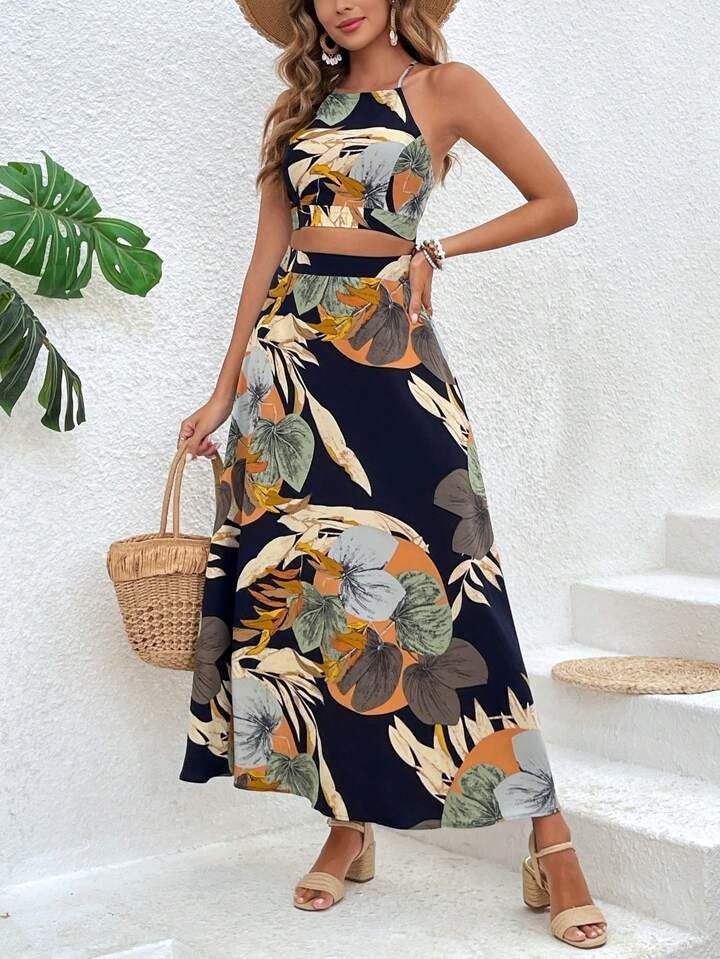 SHEIN VCAY Summer Beach Tropical Print Tie Backless Cami Top & Split Thigh Skirt Two Piece Set | SHEIN