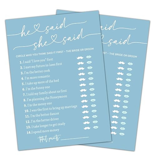 Cazhes Minimalist Bridal Shower Games, Light Blue He Said She Said Game, 30 Wedding Bachelorette Engagement Party Decorations Supplies Favors - A08 | Amazon (US)