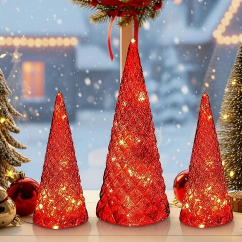 Aceorbit 3 Pieces Mercury Glass Christmas Trees Tabletop with Light, Red | Amazon (US)