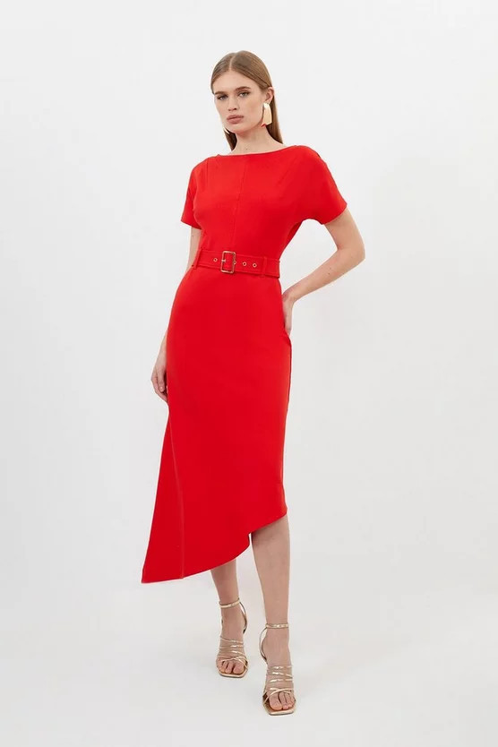Waterfall Hem Belted Short Sleeve Ponte Jersey Midi Dress | Karen Millen UK + IE + DE + NL