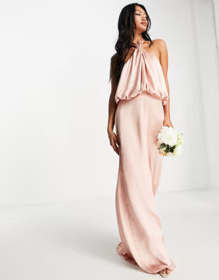 Pretty Lavish Bridesmaid Sammie halterneck satin maxi dress in blush | ASOS (Global)