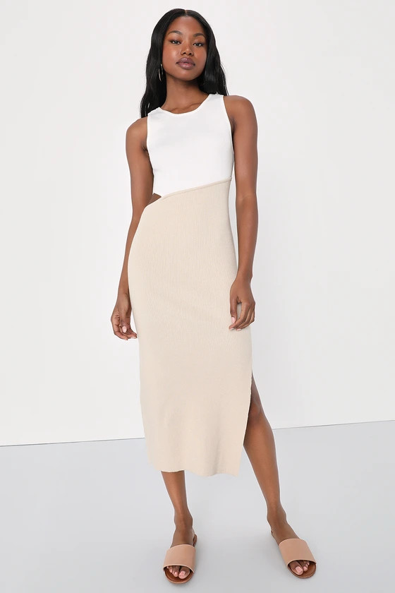 Fabulous Favorite White and Beige Ribbed Cutout Sweater Dress | Lulus (US)