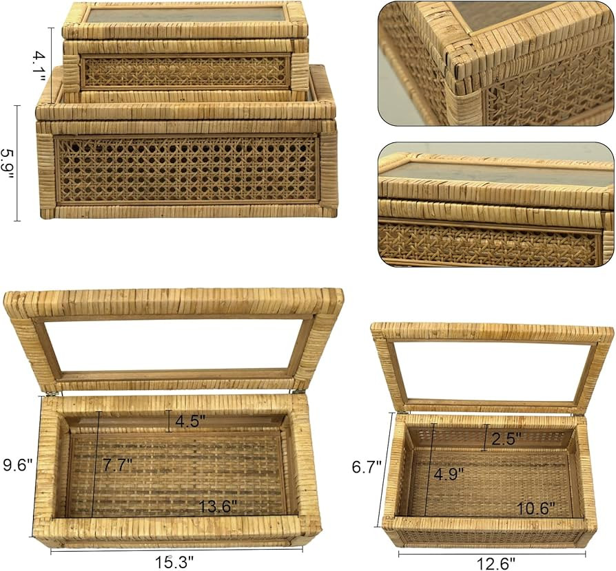 Rattan Display Box for Home Decor with Lid - Rectangular Coastal Bohemian Style Stackable Decorat... | Amazon (US)