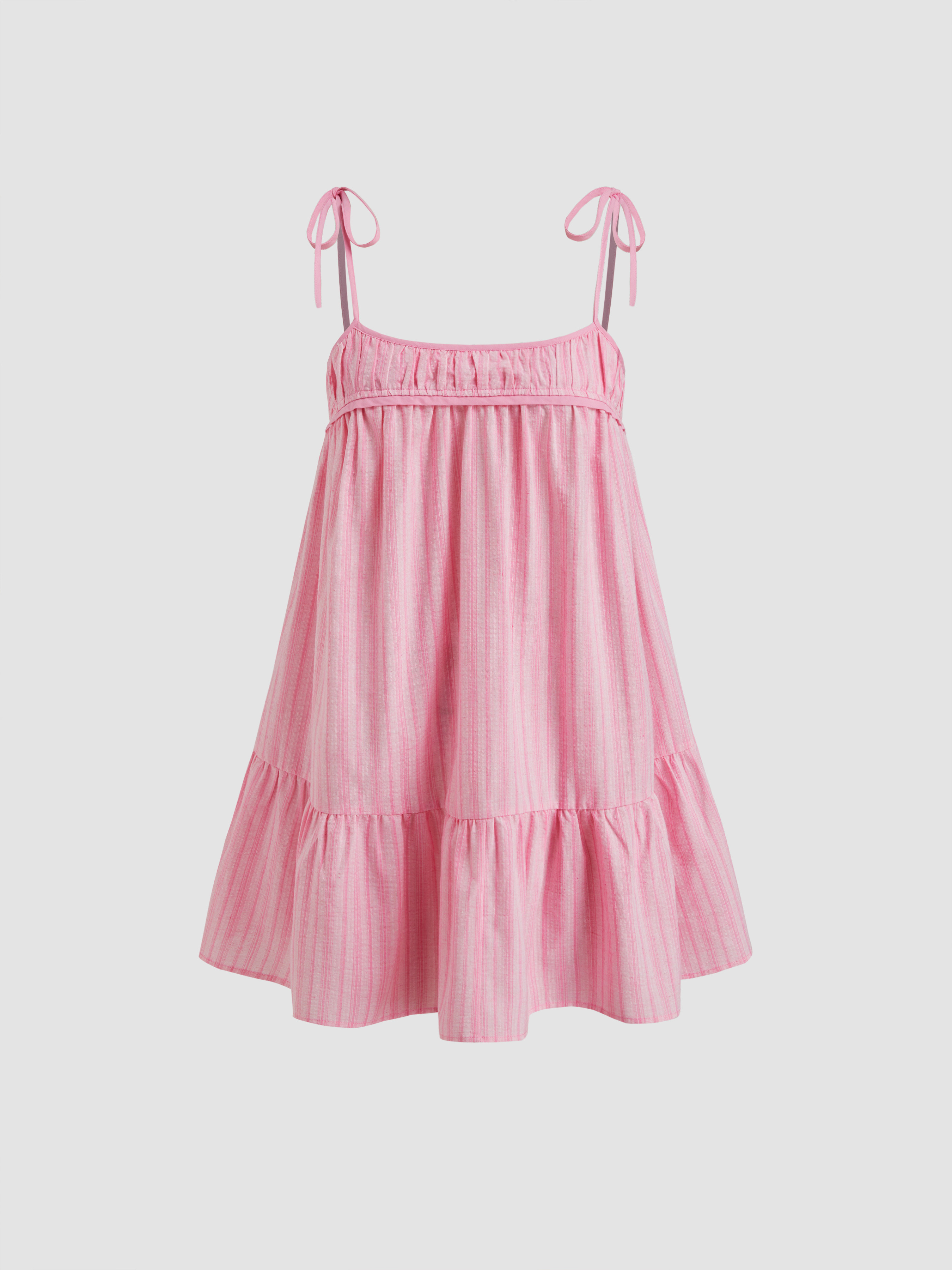 Woven Cotton-blend Stripes Ruffle Shirred Mini Dress For Vacation | Cider