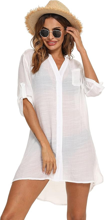 Eilshoji Swimsuit Cover Ups for Women, Bathing Suit Bikini Button Down Long Shirt Beach Coverups ... | Amazon (US)