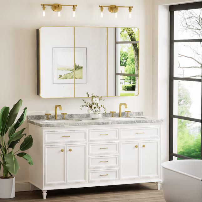 Keonjinn 48-in x 32-in Surface/Recessed Mount Gold Mirrored Rectangle Soft Close Medicine Cabinet | Lowe's