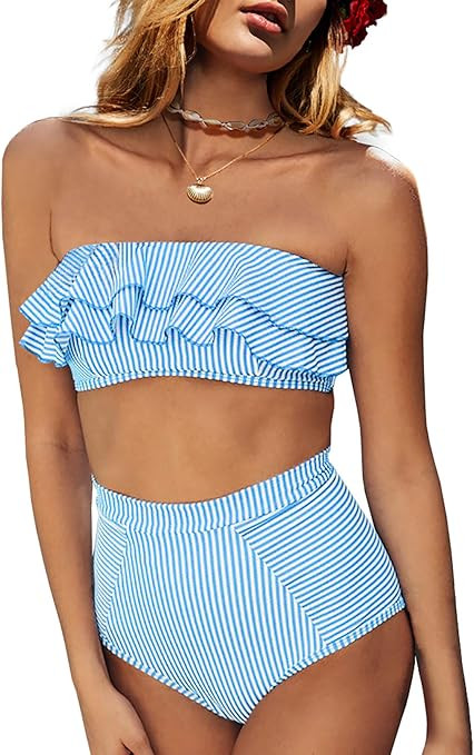 Tutorutor Womens 2 Pieces Flounce Bandeau Bikini Swimsuits Ruffle Strapless Striped Off Shoulder ... | Amazon (US)