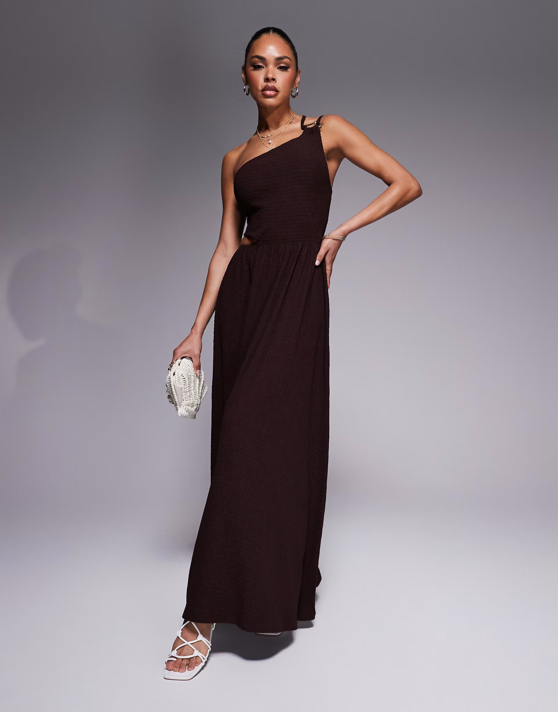ASOS DESIGN textured one shoulder cut out waist with hardware detail maxi dress in chocolate | AS... | ASOS (Global)